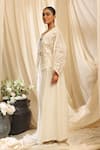 Buy_Ekru_Ivory Organza, Linen Embroidery Round Neck Bamboo Foliage Co-ord Set _Online_at_Aza_Fashions
