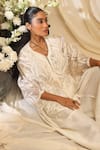 Shop_Ekru_Ivory Organza, Linen Embroidery Round Neck Bamboo Foliage Co-ord Set _Online_at_Aza_Fashions