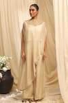 Buy_Ekru_Beige Organza, Linen Embroidery High Neck Cape Set _at_Aza_Fashions