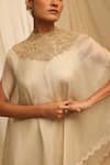 Shop_Ekru_Beige Organza, Linen Embroidery High Neck Cape Set _Online_at_Aza_Fashions