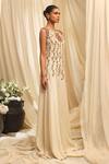 Shop_Ekru_Ivory Linen, Satin Embroidery Round Neck Roseline Jumpsuit _at_Aza_Fashions