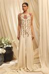 Buy_Ekru_Ivory Linen, Satin Embroidery Round Neck Roseline Jumpsuit _at_Aza_Fashions