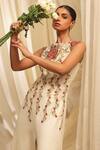 Ekru_Ivory Linen, Satin Embroidery Round Neck Roseline Jumpsuit _Online_at_Aza_Fashions