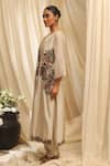 Buy_Ekru_Beige Chanderi, Cotton Satin, Organza Embroidery Round Neck, Floral Jacket Set _Online_at_Aza_Fashions