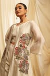 Shop_Ekru_Beige Chanderi, Cotton Satin, Organza Embroidery Round Neck, Floral Jacket Set _Online_at_Aza_Fashions