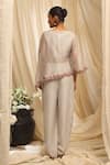 Shop_Ekru_Gray Organza, Linen, Chanderi Embroidery Round Neck Petal Crest Cape Set _at_Aza_Fashions
