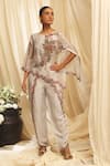 Buy_Ekru_Gray Organza, Linen, Chanderi Embroidery Round Neck Petal Crest Cape Set _at_Aza_Fashions