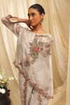 Shop_Ekru_Gray Organza, Linen, Chanderi Embroidery Round Neck Petal Crest Cape Set _Online_at_Aza_Fashions