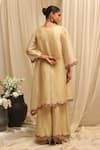 Shop_Ekru_Gold Organza, Linen, Satin Embroidery Round Neck Saanjh Gulab Kurta Set _at_Aza_Fashions