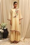 Buy_Ekru_Gold Organza, Linen, Satin Embroidery Round Neck Saanjh Gulab Kurta Set _at_Aza_Fashions