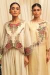 Shop_Ekru_Gold Organza, Linen, Satin Embroidery Round Neck Saanjh Gulab Kurta Set _Online_at_Aza_Fashions