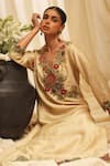 Buy_Ekru_Gold Chanderi, Bamboo Embroidery V-neck Botanic Cluster Kurta Set _Online_at_Aza_Fashions