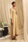 Shop_Ekru_Gold Chanderi, Bamboo Embroidery V-neck Botanic Cluster Kurta Set _Online_at_Aza_Fashions