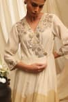Buy_Ekru_Ivory Silk, Chanderi Embroidery V-neck Sunset Grove Maxi Dress _Online_at_Aza_Fashions
