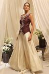 Ekru_Brown Silk, Linen, Satin Embroidery V-neck Golden Foliage Waistcoat Set _Online_at_Aza_Fashions