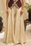 Buy_Ekru_Brown Silk, Linen, Satin Embroidery V-neck Golden Foliage Waistcoat Set _Online_at_Aza_Fashions