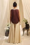 Shop_Ekru_Brown Silk, Linen, Satin Embroidery V-neck Golden Foliage Waistcoat Set _at_Aza_Fashions