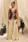 Buy_Ekru_Brown Silk, Linen, Satin Embroidery V-neck Golden Foliage Waistcoat Set _at_Aza_Fashions