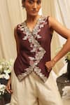 Shop_Ekru_Brown Silk, Linen, Satin Embroidery V-neck Golden Foliage Waistcoat Set _Online_at_Aza_Fashions