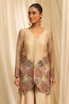 Ekru_Beige Organza, Bamboo, Taffeta Embroidery V-neck Jacket And Sharara Set _Online_at_Aza_Fashions