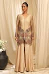 Buy_Ekru_Beige Organza, Bamboo, Taffeta Embroidery V-neck Jacket And Sharara Set _at_Aza_Fashions