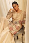 Ekru_Beige Organza, Bamboo, Taffeta Embroidery V-neck Jacket And Sharara Set _at_Aza_Fashions