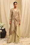 Buy_Ekru_Beige Organza, Chanderi, Linen Embroidery, Wild Flower Overlay Jacket Co-ord _at_Aza_Fashions