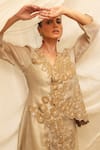 Ekru_Beige Organza, Chanderi, Linen Embroidery, Wild Flower Overlay Jacket Co-ord _at_Aza_Fashions