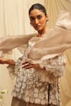Ekru_Beige Organza, Chanderi Embroidery Round Neck Halo Bloom Tunic And Palazzo Set _Online_at_Aza_Fashions