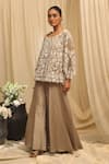 Buy_Ekru_Beige Organza, Chanderi Embroidery Round Neck Halo Bloom Tunic And Palazzo Set _Online_at_Aza_Fashions