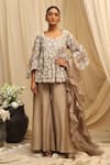 Buy_Ekru_Beige Organza, Chanderi Embroidery Round Neck Halo Bloom Tunic And Palazzo Set _at_Aza_Fashions