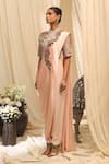 Ekru_Pink Brocade, Satin, Taffeta Embroidery Round Neck Hanging Rose Draped Saree Set _Online_at_Aza_Fashions