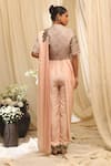 Shop_Ekru_Pink Brocade, Satin, Taffeta Embroidery Round Neck Hanging Rose Draped Saree Set _at_Aza_Fashions