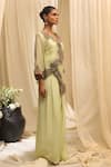 Ekru_Mint Organza, Linen Embroidery V-neck Floral Cascade Overlay Jacket And Pant Set _Online_at_Aza_Fashions