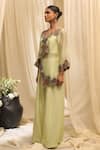 Shop_Ekru_Mint Organza, Linen Embroidery V-neck Floral Cascade Overlay Jacket And Pant Set _Online_at_Aza_Fashions