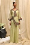 Buy_Ekru_Mint Organza, Linen Embroidery V-neck Floral Cascade Overlay Jacket And Pant Set _at_Aza_Fashions