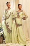 Ekru_Mint Organza, Linen Embroidery V-neck Floral Cascade Overlay Jacket And Pant Set _at_Aza_Fashions