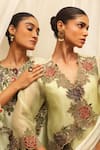 Buy_Ekru_Mint Organza, Linen Embroidery V-neck Floral Cascade Overlay Jacket And Pant Set 
