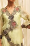 Shop_Ekru_Mint Organza, Linen Embroidery V-neck Floral Cascade Overlay Jacket And Pant Set 