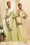 Buy_Ekru_Mint Chanderi, Modal Embroidery Round Geoflora Overlay Jacket And Drape Skirt Set _Online_at_Aza_Fashions