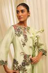 Shop_Ekru_Mint Chanderi, Modal Embroidery Round Geoflora Overlay Jacket And Drape Skirt Set _Online_at_Aza_Fashions