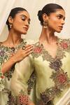 Ekru_Mint Chanderi, Modal Embroidery Round Geoflora Overlay Jacket And Drape Skirt Set _at_Aza_Fashions