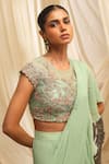 Buy_Ekru_Green Chiffon, Net, Taffeta Embroidery Round Neck Aqua Wave Pre-draped Saree Set _Online_at_Aza_Fashions