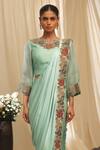 Ekru_Green Modal, Satin, Organza, Chanderi, Silk Rose Crest Pre-draped Saree Set _Online_at_Aza_Fashions