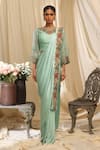 Buy_Ekru_Green Modal, Satin, Organza, Chanderi, Silk Rose Crest Pre-draped Saree Set _at_Aza_Fashions