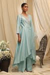 Buy_Ekru_Sky Blue Chanderi, Linen, Organza Sequins, Embroidery Golden Serenity Kurta Set _at_Aza_Fashions