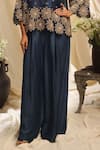 Ekru_Navy Organza, Linen Embroidery Round Neck Golden Circle Co-ord Set _Online_at_Aza_Fashions