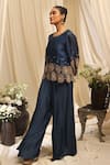 Buy_Ekru_Navy Organza, Linen Embroidery Round Neck Golden Circle Co-ord Set _Online_at_Aza_Fashions