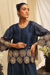 Shop_Ekru_Navy Organza, Linen Embroidery Round Neck Golden Circle Co-ord Set _Online_at_Aza_Fashions