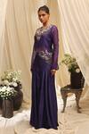 Buy_Ekru_Purple Organza, Silk, Bamboo Embroidery Round Neck Jacket And Pant Set _Online_at_Aza_Fashions